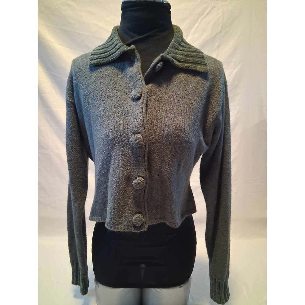 Reference Point Vintage Y2K Cropped Cardigan Sweater Gray Ribbed Collar Large